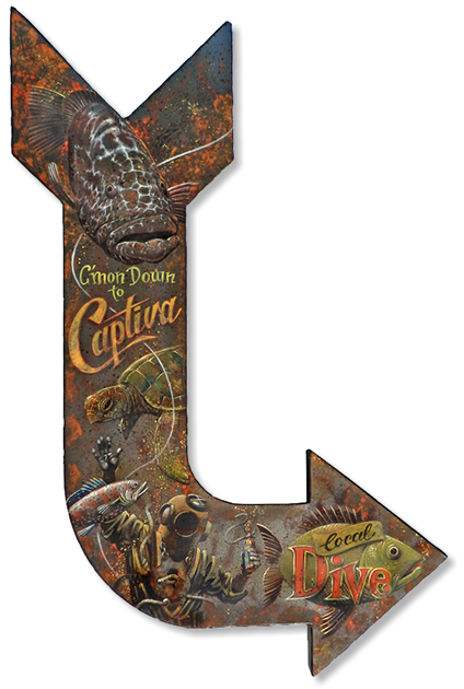 Steam Punk Metal Arrow Sign with deep sea diver