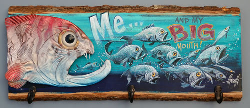 Big Mouth Fish Coat Rack sculpted in clay and painted wood.