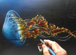 Airbrushing a jellyfish painting